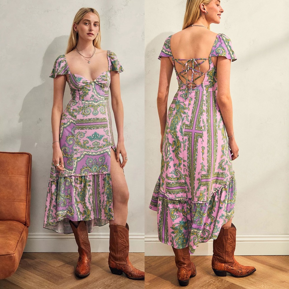 Urban Outfitters Siren Paisley Midi Dress, Small | NWT Lace Up Back, Boho hippie